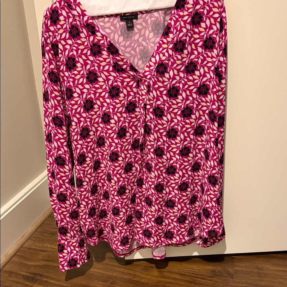 Ann Taylor Mixed Media Pink and Black Floral Blouse